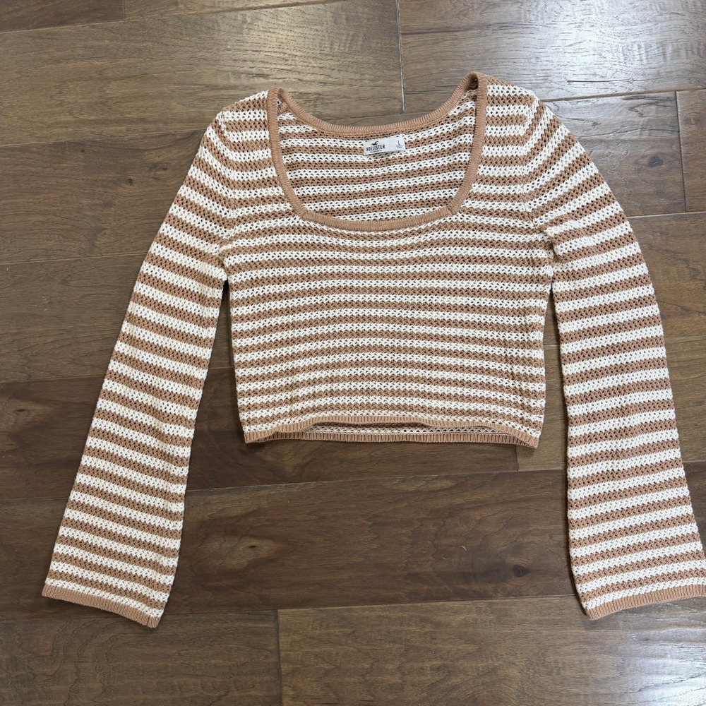 Hollister Striped Crochet Crop Sweater Bell Sleeve Women's‎ Size L